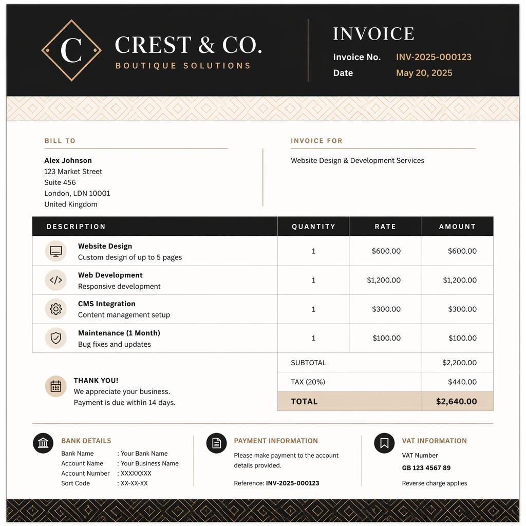 A4 portrait invoice template in black and warm white with geometric accent band, header, item table, totals, and bank placeholders.