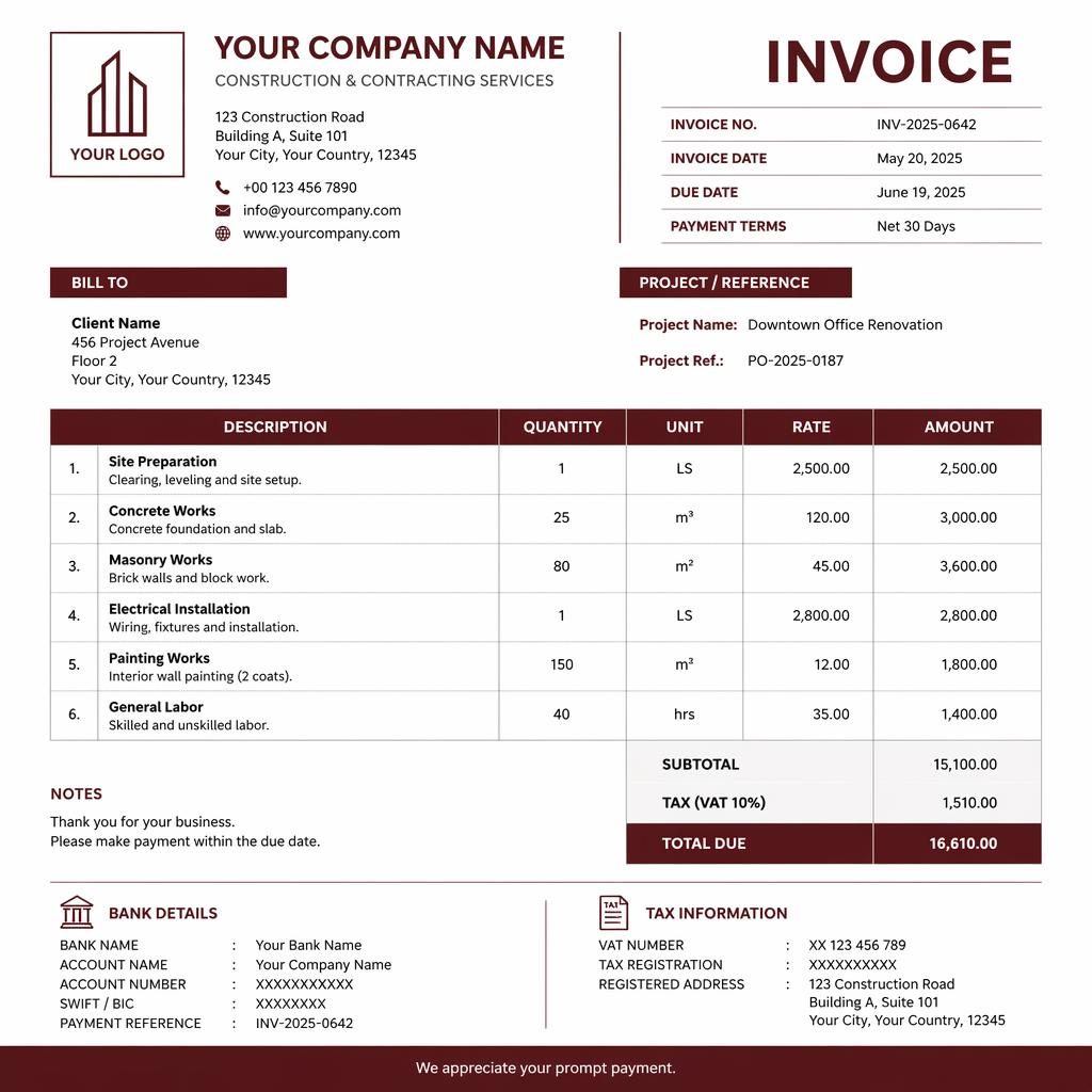 A4 portrait invoice template with burgundy header, itemized table, totals section, and placeholder bank details.