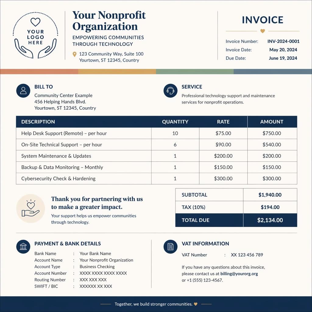 A4 portrait non profit invoice template with navy and cream palette, header, item table, totals, and bank placeholders.