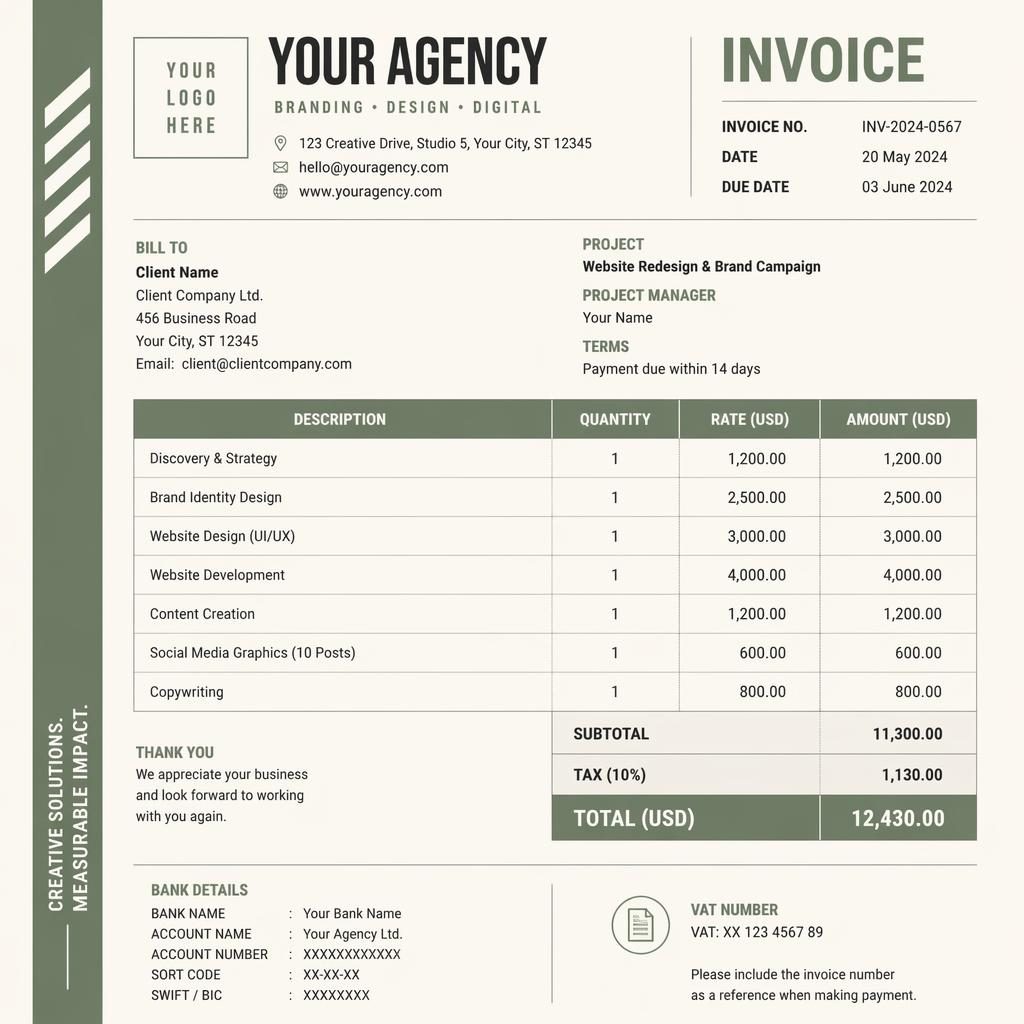 A4 portrait invoice template with sage and ivory palette, side accent stripe, header, itemized table, totals, and bank placeholders