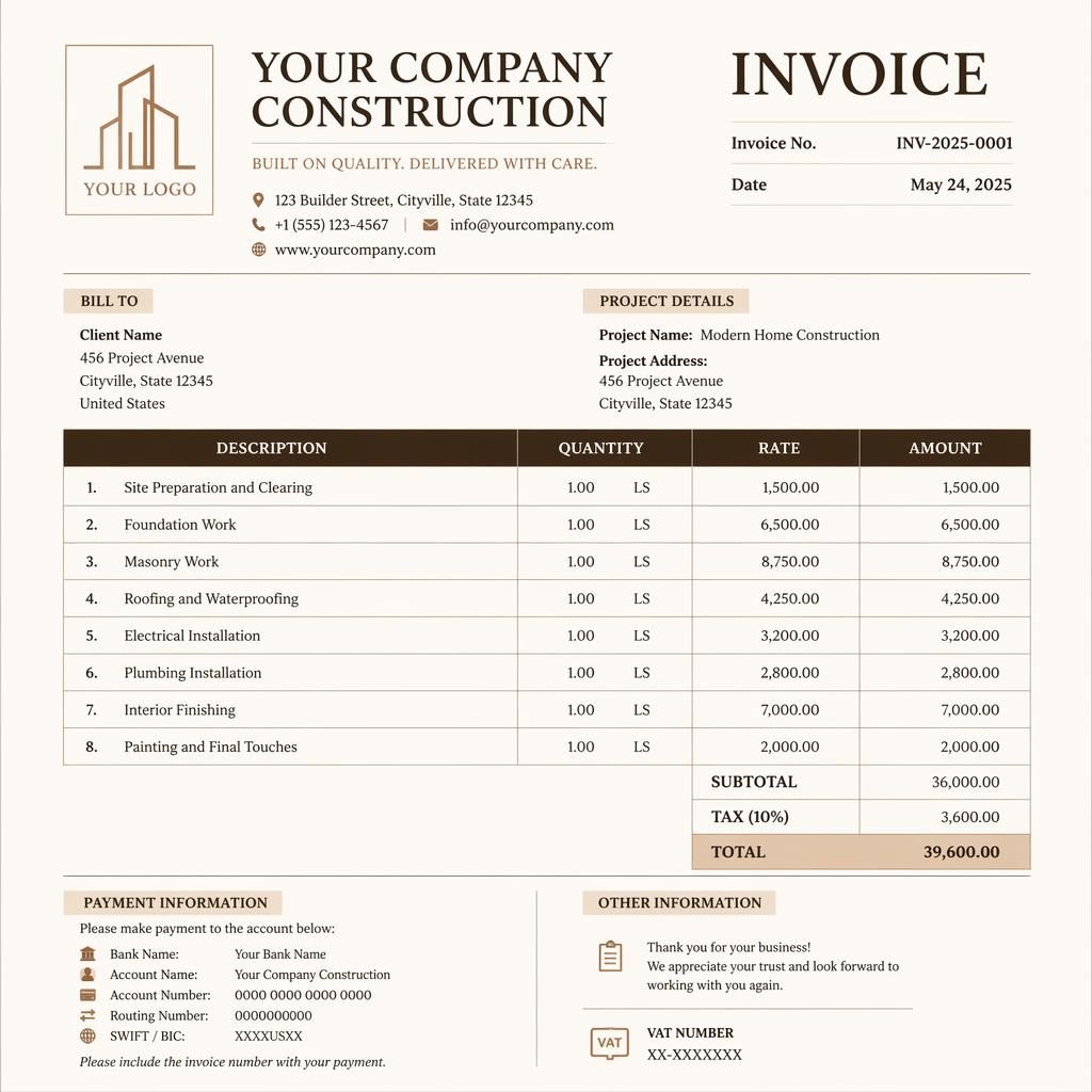 A4 portrait contractor invoice template with serif header, itemized table, totals section, and placeholder bank details