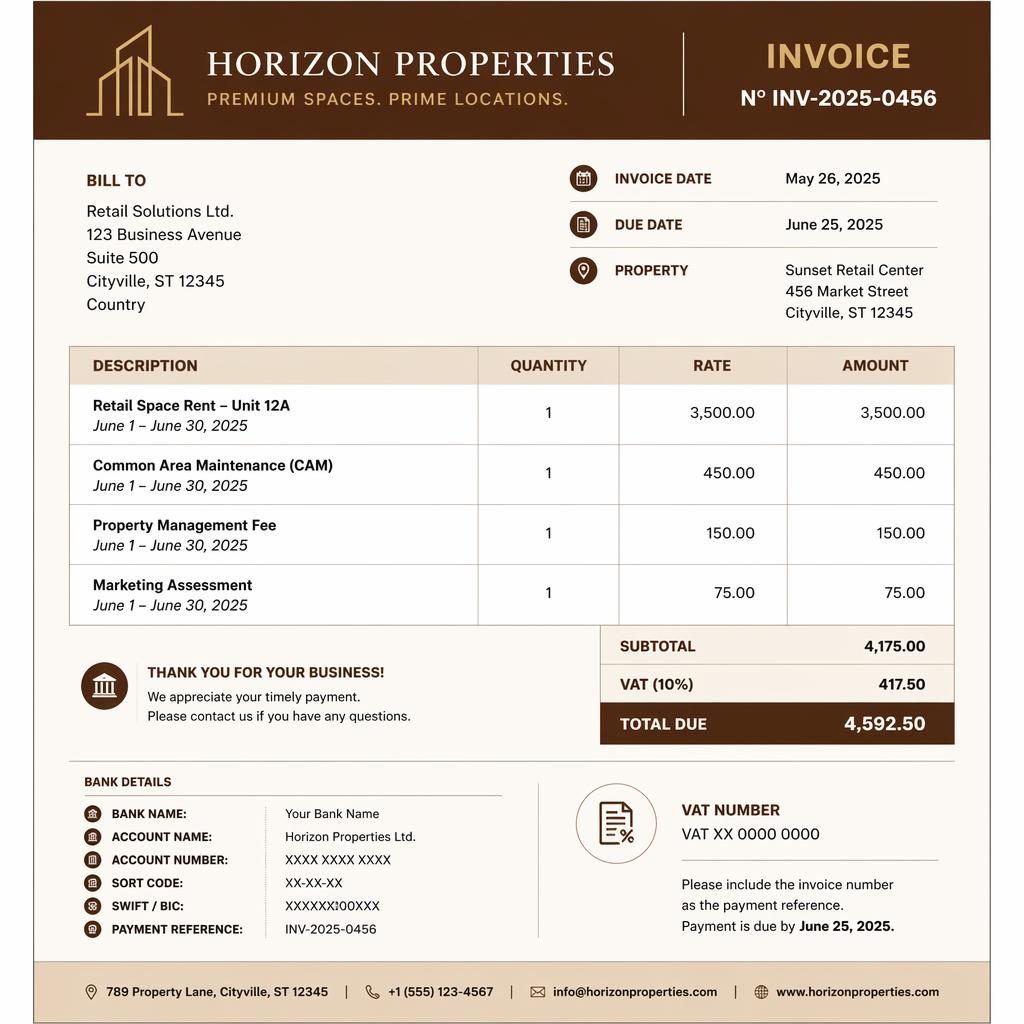 A4 portrait property rental invoice template with warm earth header, itemized table, totals, and placeholder bank details
