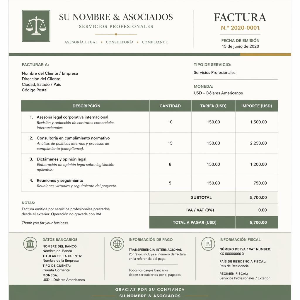 Plantilla de factura A4 en vertical, estilo jurídico clásico, tonos salvia y marfil, con tabla, totales y datos bancarios genéricos.