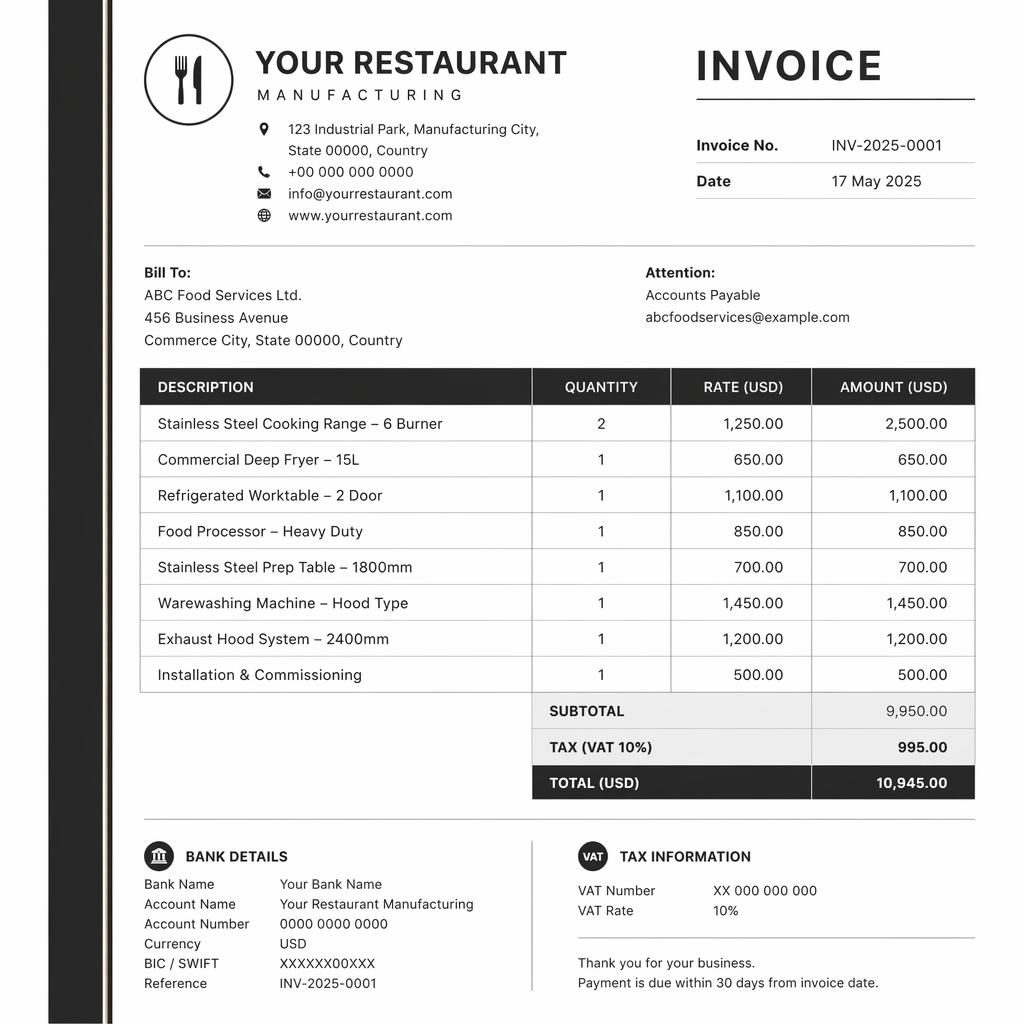 A4 portrait restaurant bill sample invoice template with monochrome Swiss grid, side accent stripe, item table, totals, and bank placeholders.