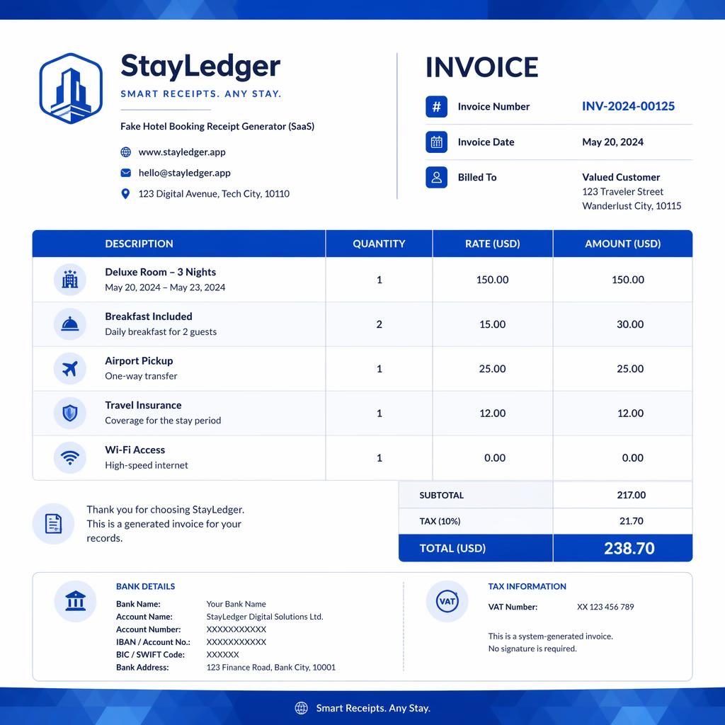 Modern A4 invoice template with blue geometric accent, itemized table, totals section, and placeholder banking details.