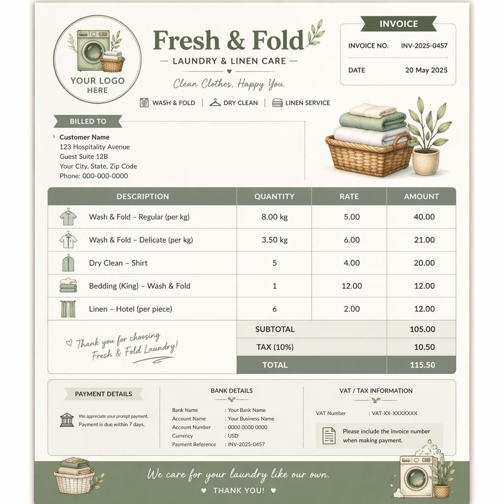A4 portrait invoice template for a laundry shop with sage and ivory hand-illustrated styling, item table, totals, and bank placeholders.