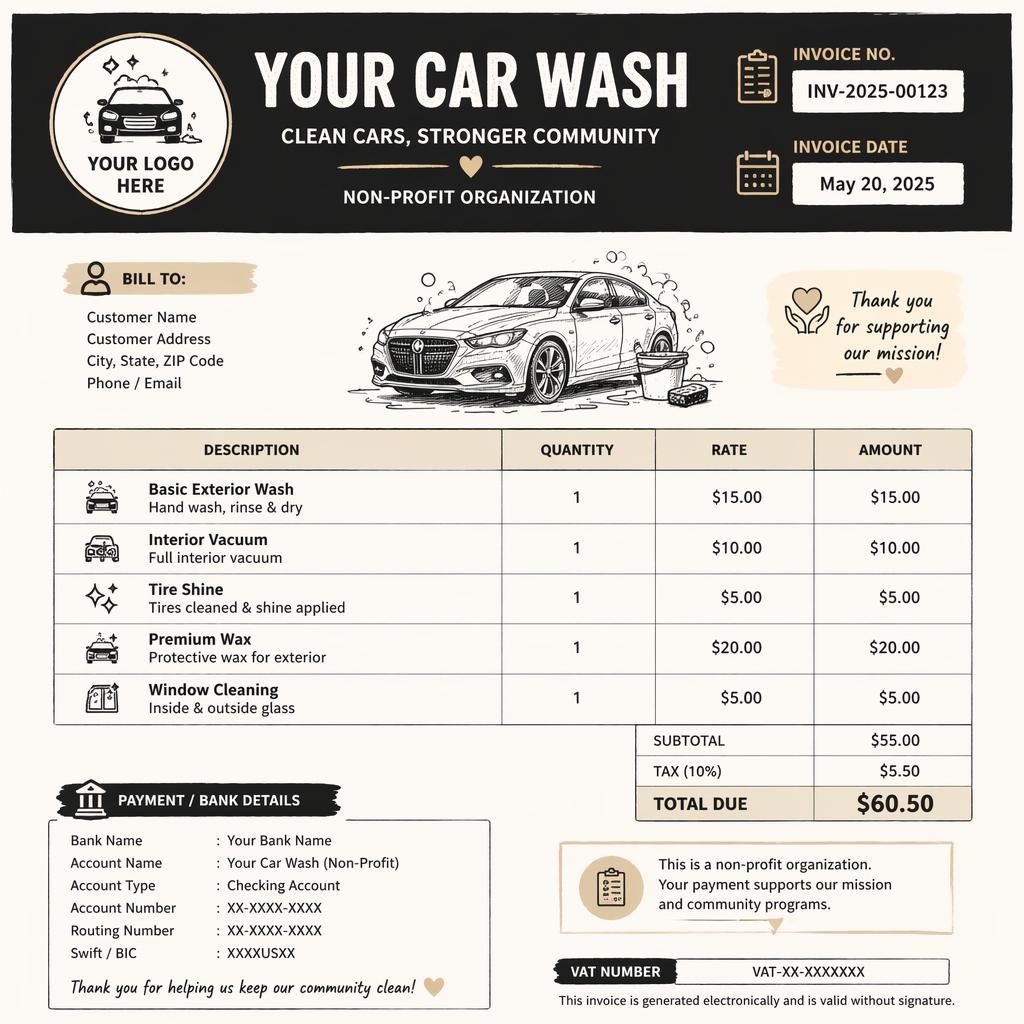 Warm hand-illustrated A4 invoice template with header bar, item table, totals section, and placeholder bank details.