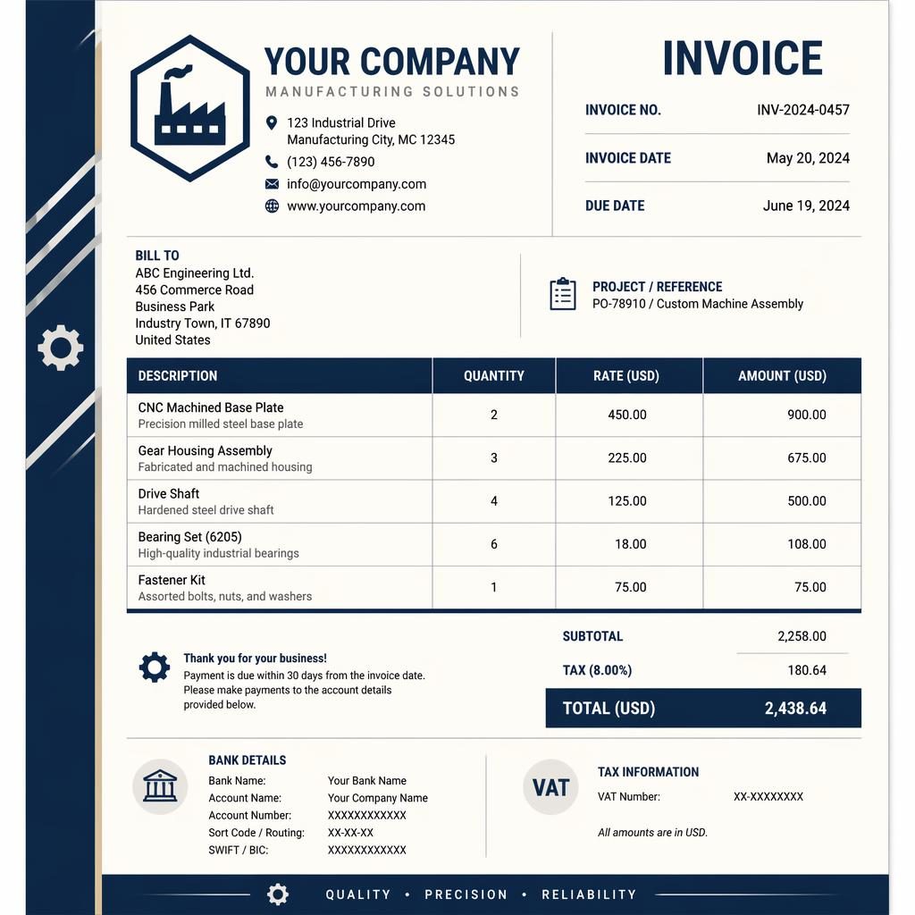 A4 portrait manufacturing invoice template in navy and cream with header, itemized table, totals, and bank detail placeholders.