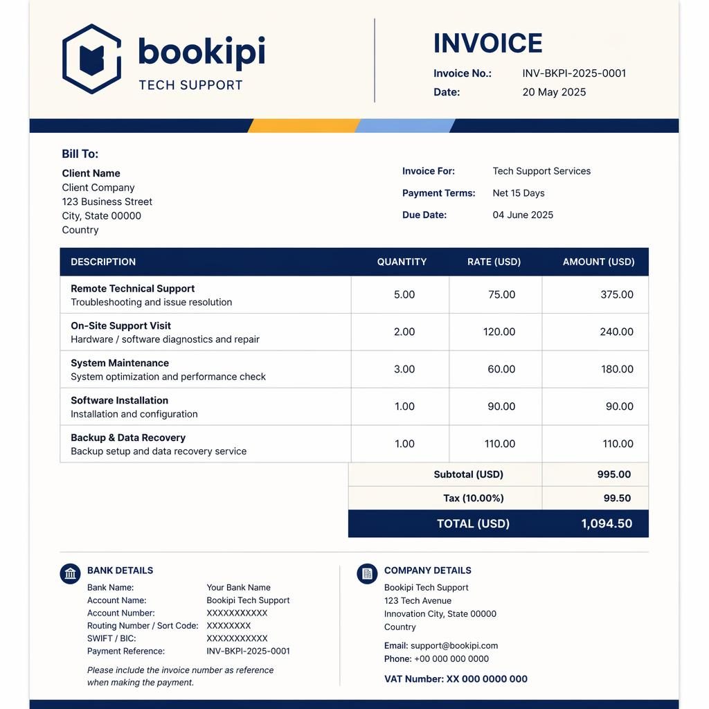 Modern A4 invoice template in navy and cream with header, itemized table, totals, and placeholder bank details.