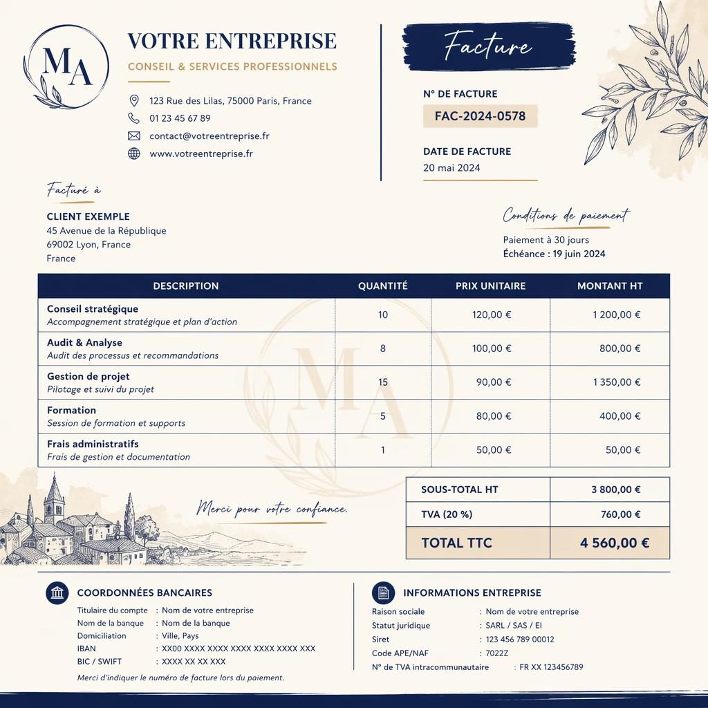 Modèle de facture A4 vertical illustré en bleu marine et crème avec en-tête, tableau, totaux et coordonnées bancaires fictives.