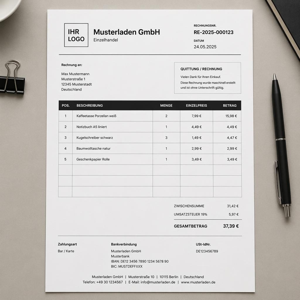 A4-Rechnungsvorlage von Musterladen GmbH als Flatlay auf neutralem Schreibtisch mit Tabelle, Summen und Bankdaten.