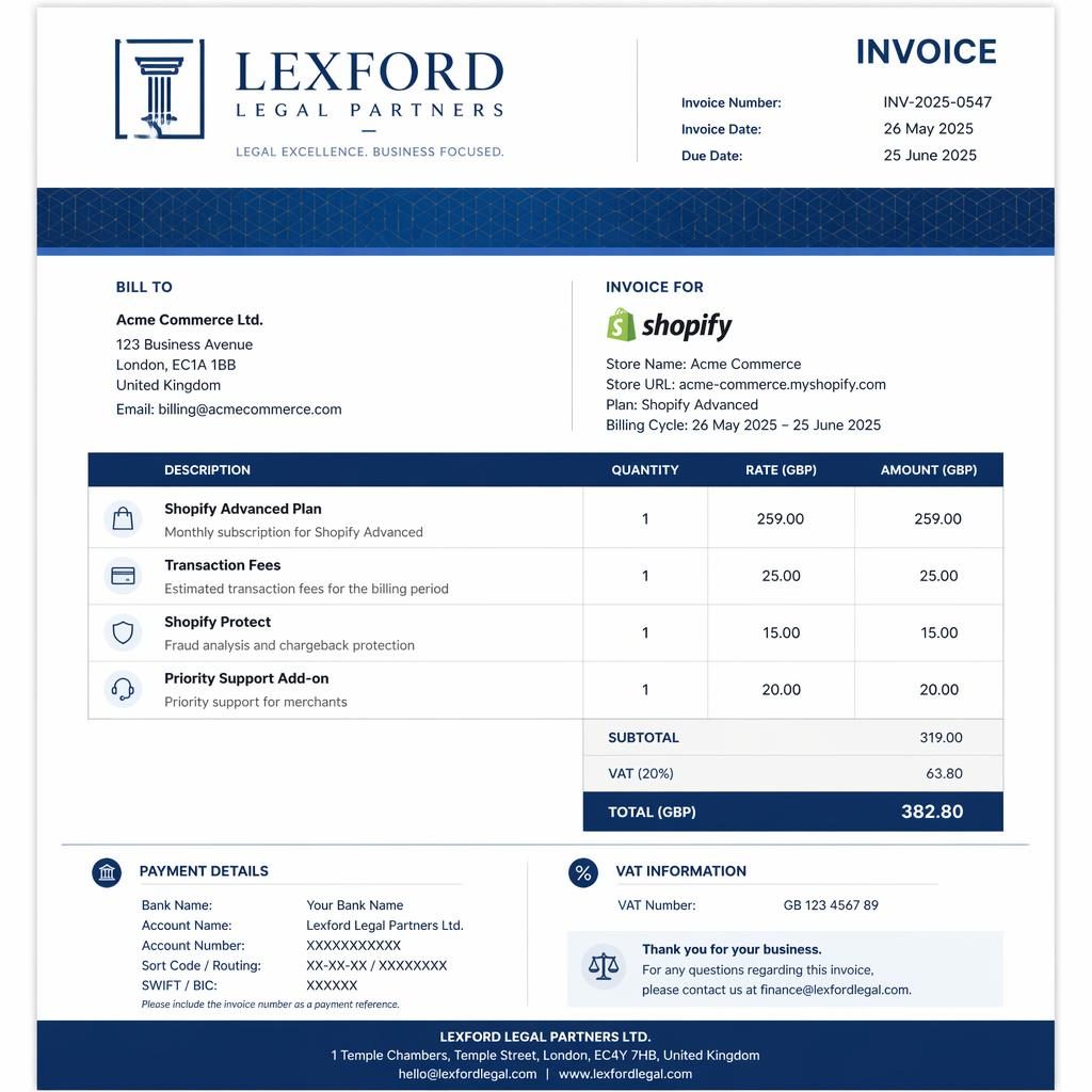 Print-ready invoice template for invoicing through shopify (SaaS). Style: law-firm classic, tech blue palette, geometric
