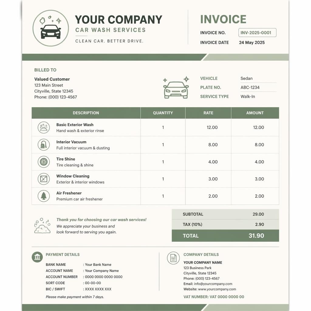 A4 portrait car wash receipt template with sage and ivory layout, header, item table, totals, and placeholder bank details.