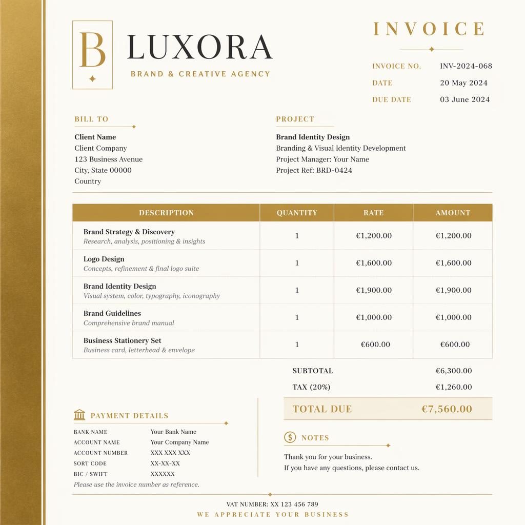 A4 portrait branding invoice template with luxury serif styling, gold and cream palette, side accent stripe, itemized table, totals, and placeholder bank details.