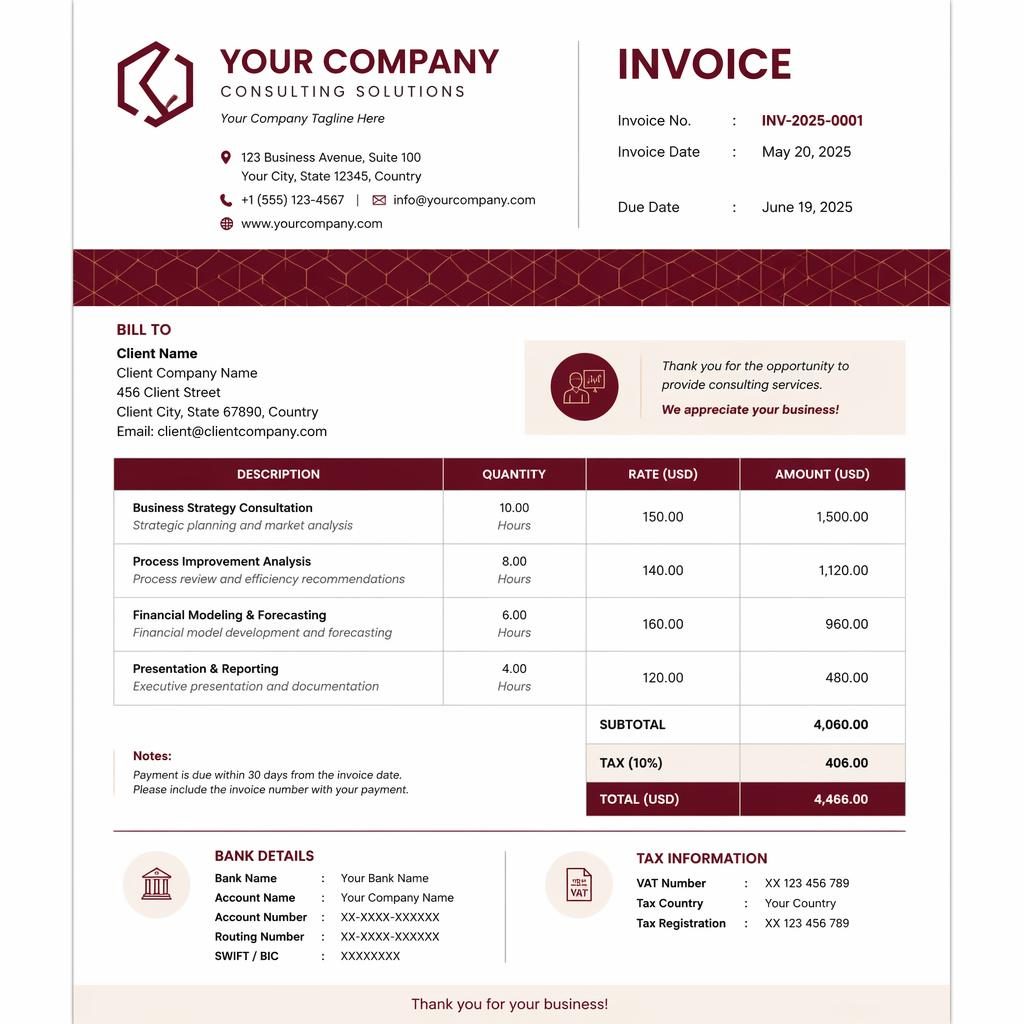 Modern A4 invoice template in warm burgundy with header, itemized services table, totals, and placeholder bank details.