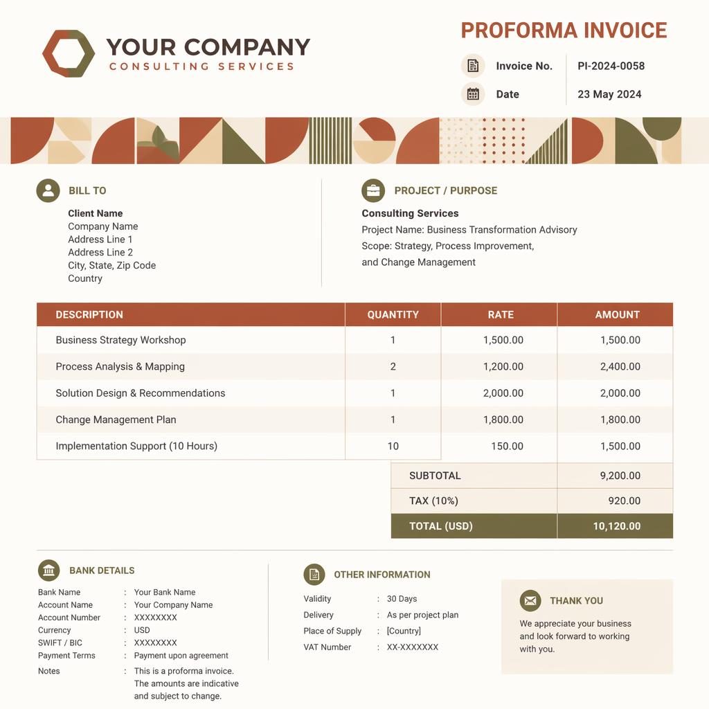 Modern A4 proforma invoice template with warm earth tones, geometric band, item table, totals, and placeholder bank details.