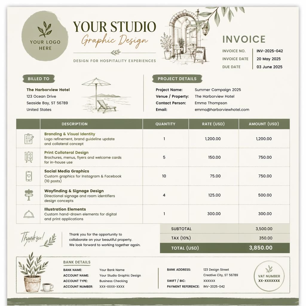 A4 portrait invoice template with sage and ivory illustrated layout, header, itemized table, totals, and bank detail placeholders.