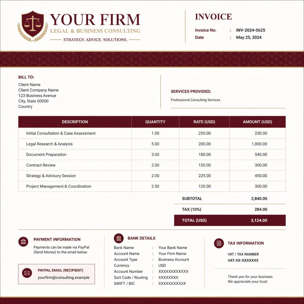 A4 portrait invoice template in warm burgundy with header, itemized table, totals, and placeholder bank details.