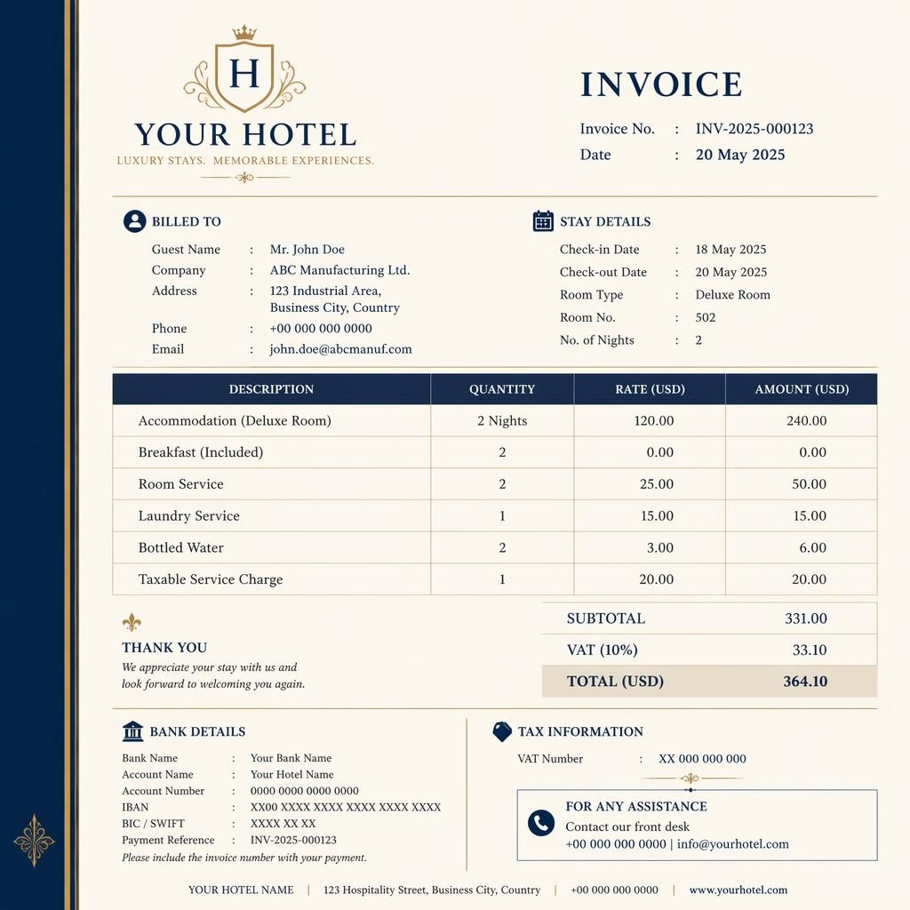 A4 portrait luxury invoice template in navy and cream with serif styling, itemized table, totals, and bank detail placeholders.