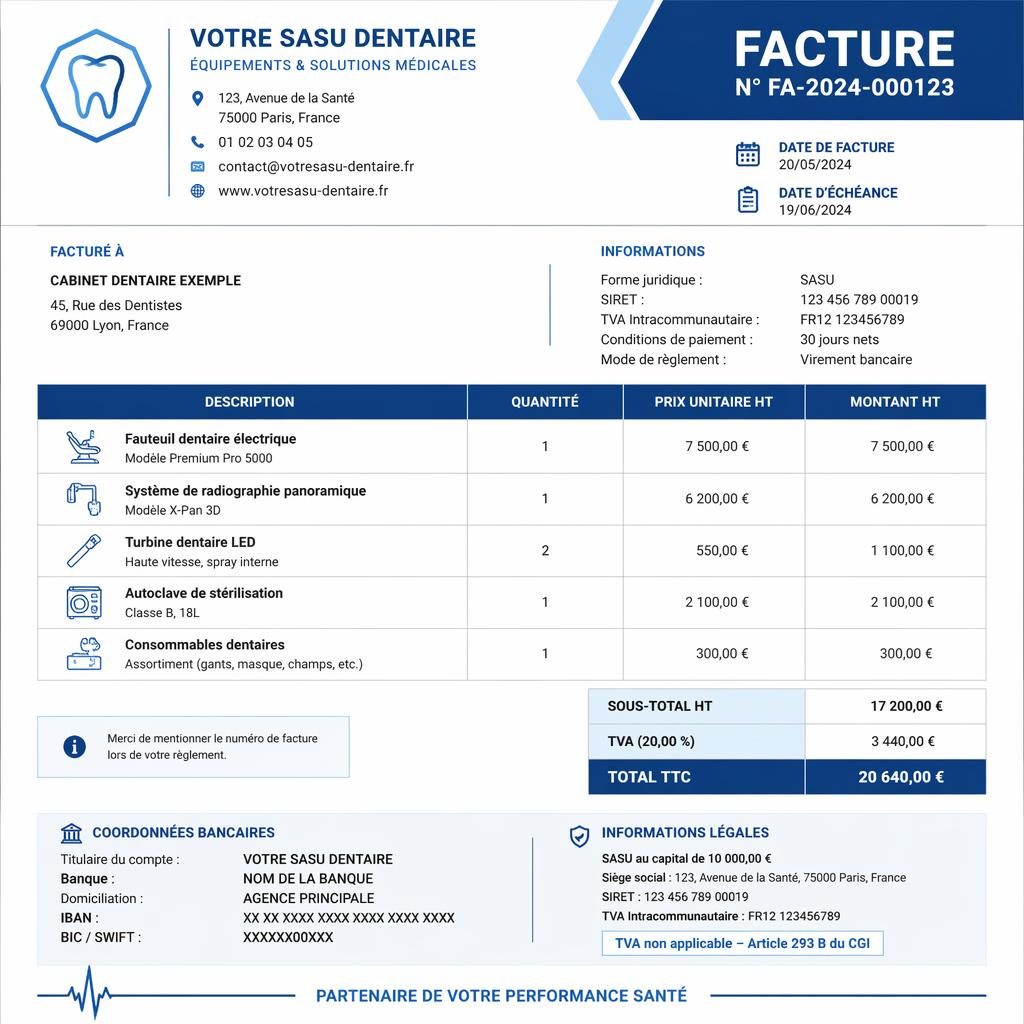 Modèle de facture SASU médicale A4 en portrait, en-tête logo, tableau de lignes, totaux, coordonnées bancaires fictives