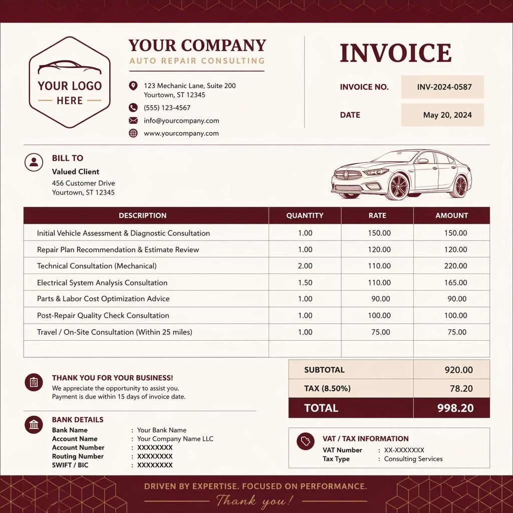 A4 portrait auto repair invoice template in warm burgundy with header, itemized table, totals, and bank detail placeholders.