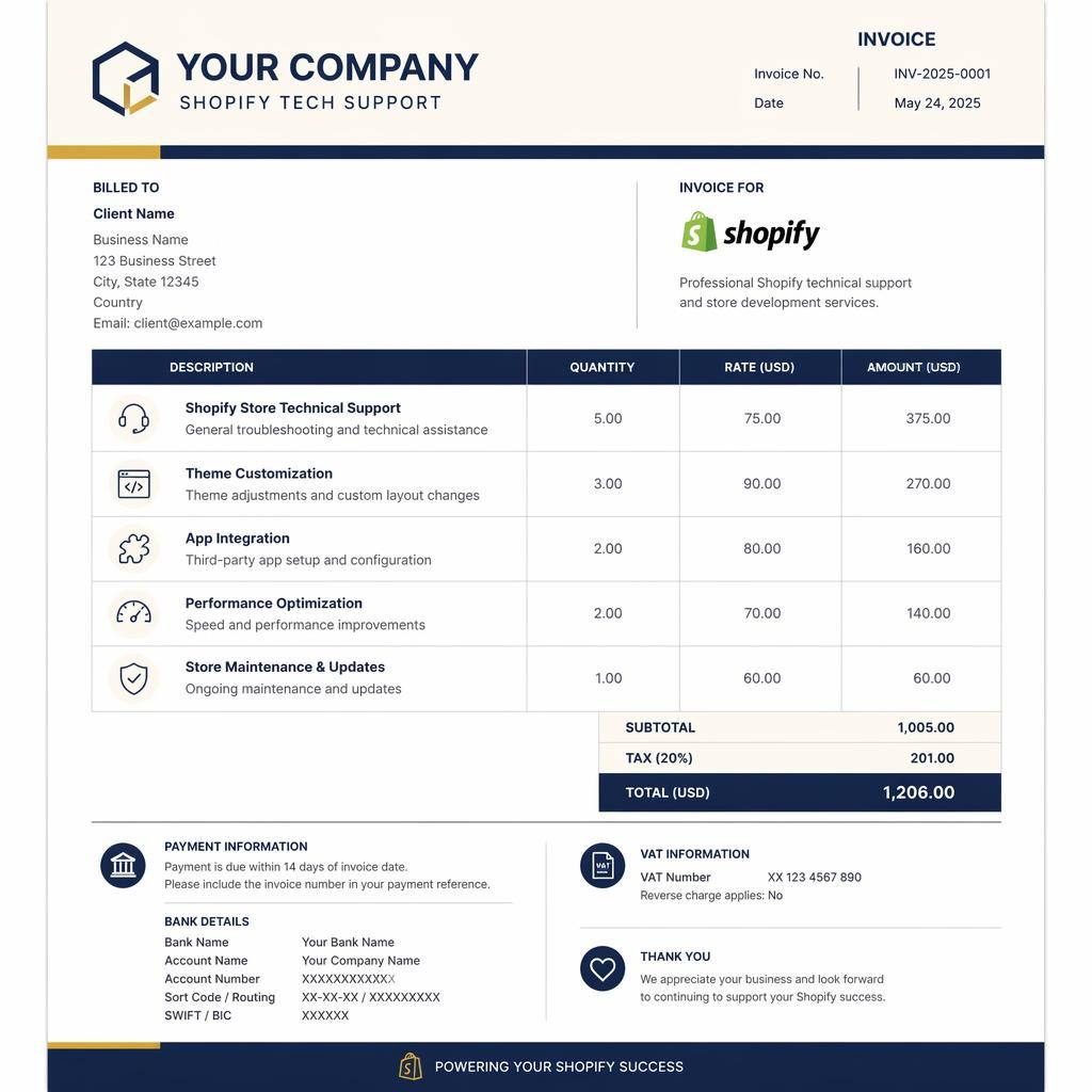 Modern A4 invoice template in navy and cream with header, itemized table, totals, and placeholder bank details.