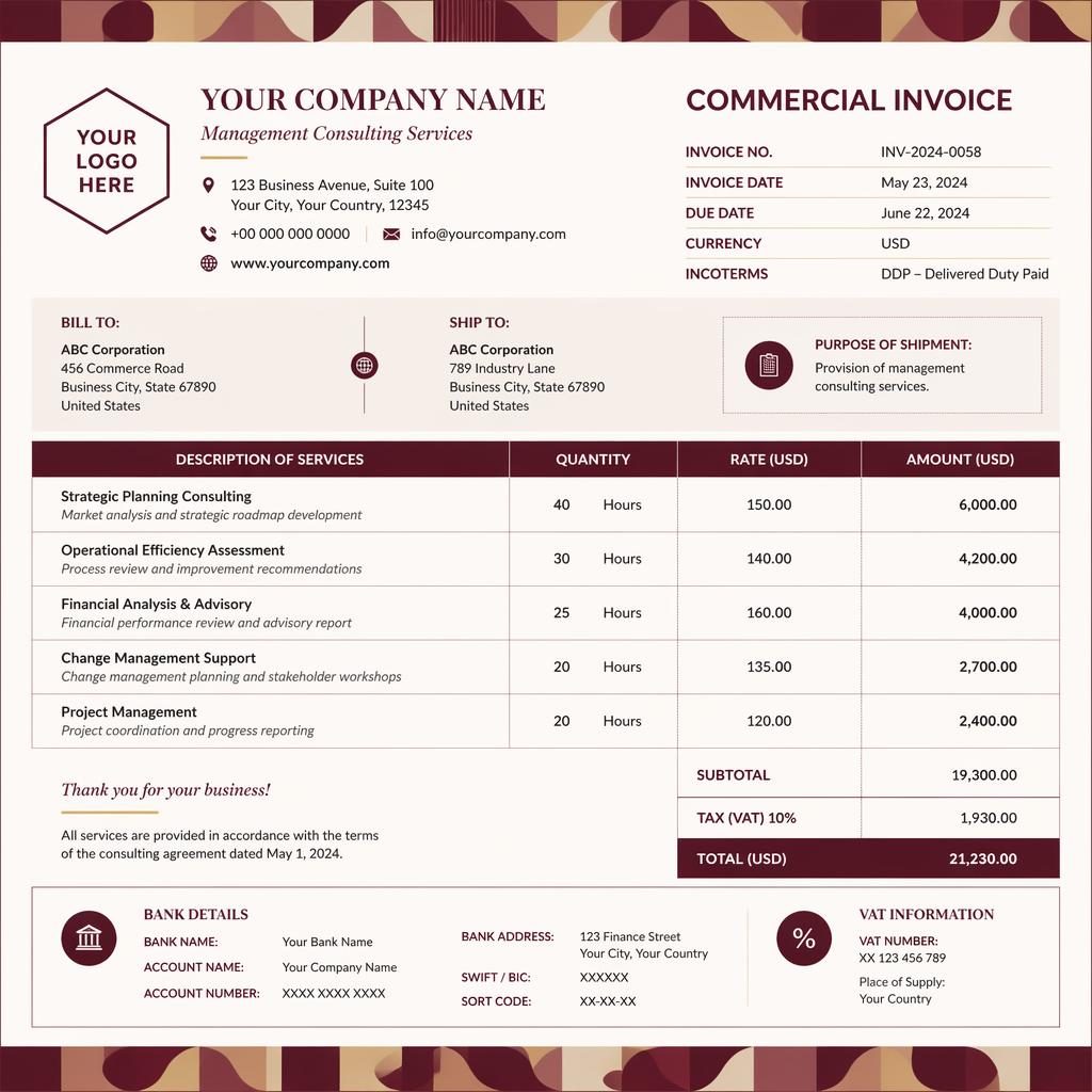 A4 portrait consulting invoice template in warm burgundy with geometric band, header, item table, totals, and bank placeholders.