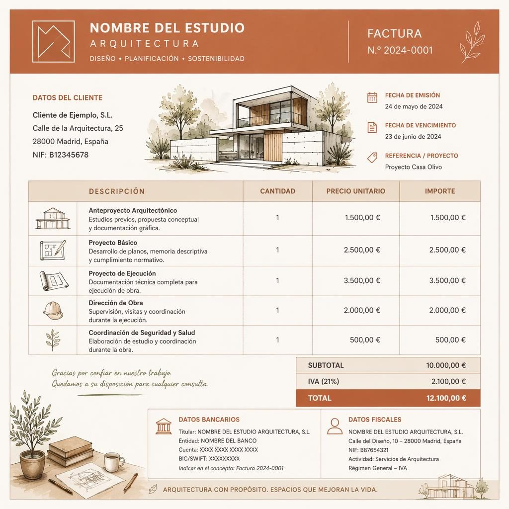 Plantilla A4 vertical de factura arquitecto con cabecera destacada, tabla de conceptos y totales en paleta tierra