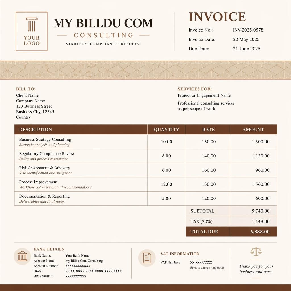 A4 portrait consulting invoice template with classic law-firm styling, earth tones, itemized table, totals, and bank placeholders.