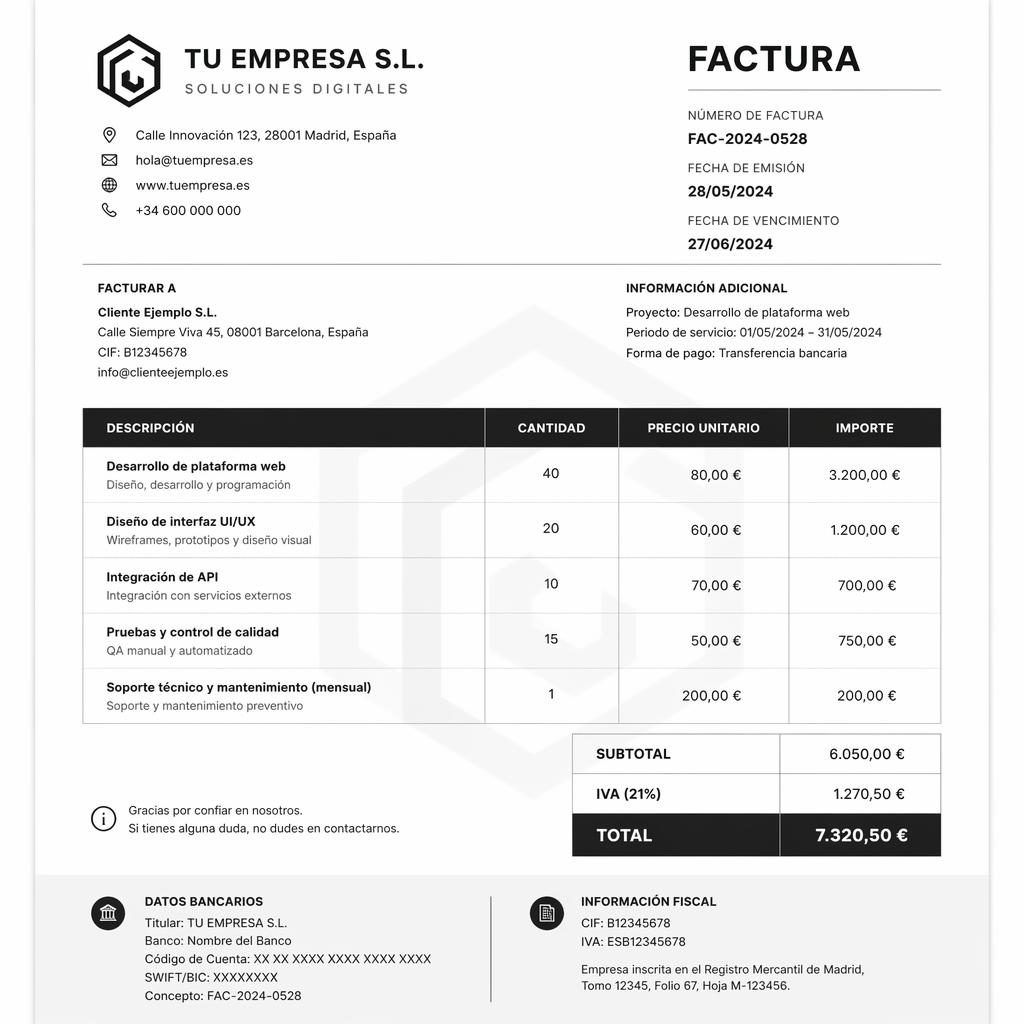 Plantilla de factura A4 vertical en estilo startup tech monocromo, con encabezado, tabla de conceptos y totales.