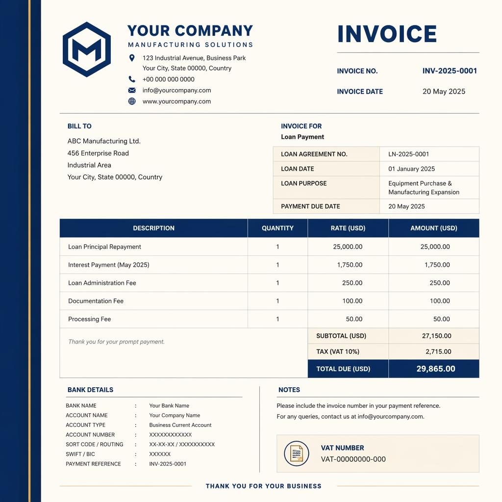 A4 portrait loan payment invoice template with navy and cream layout, side stripe, header, item table, totals, and bank placeholders.