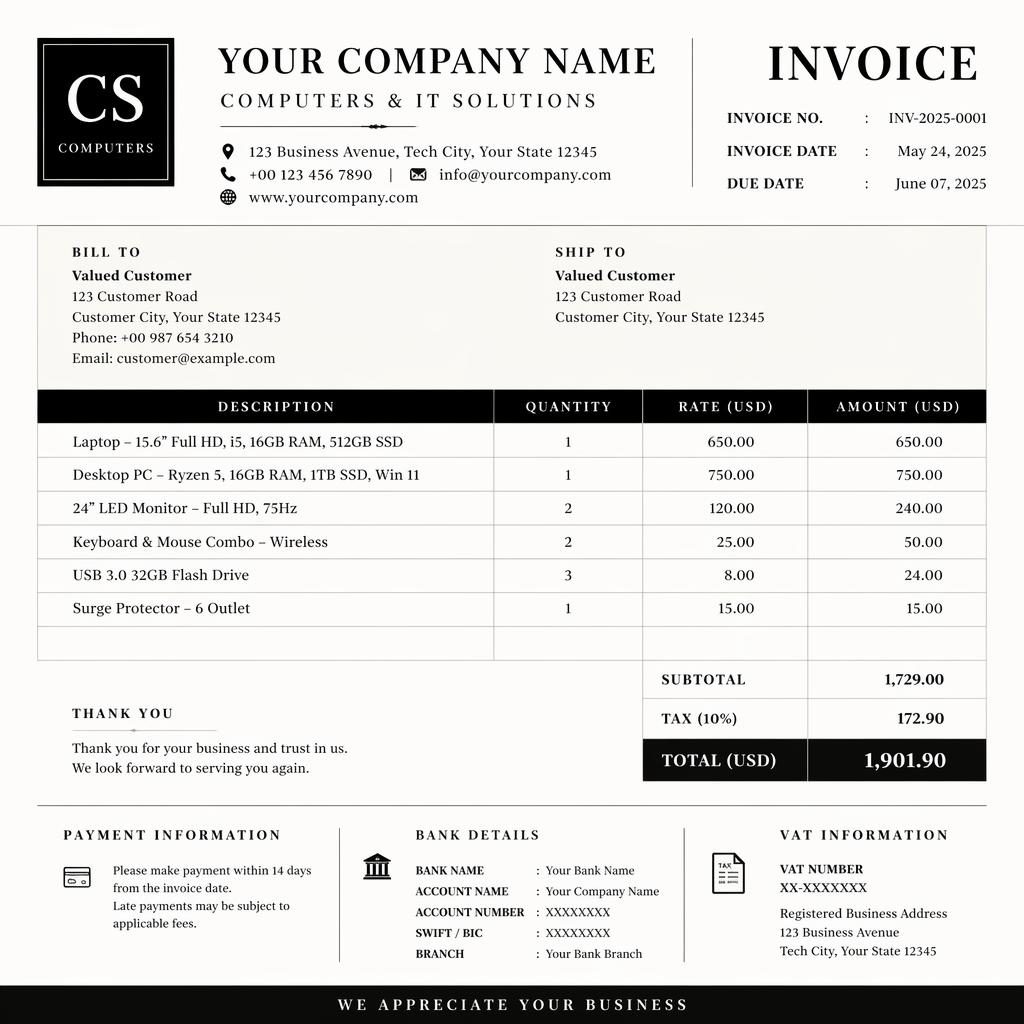 A4 portrait luxury serif invoice template in black and warm white with header, item table, totals, and bank details.