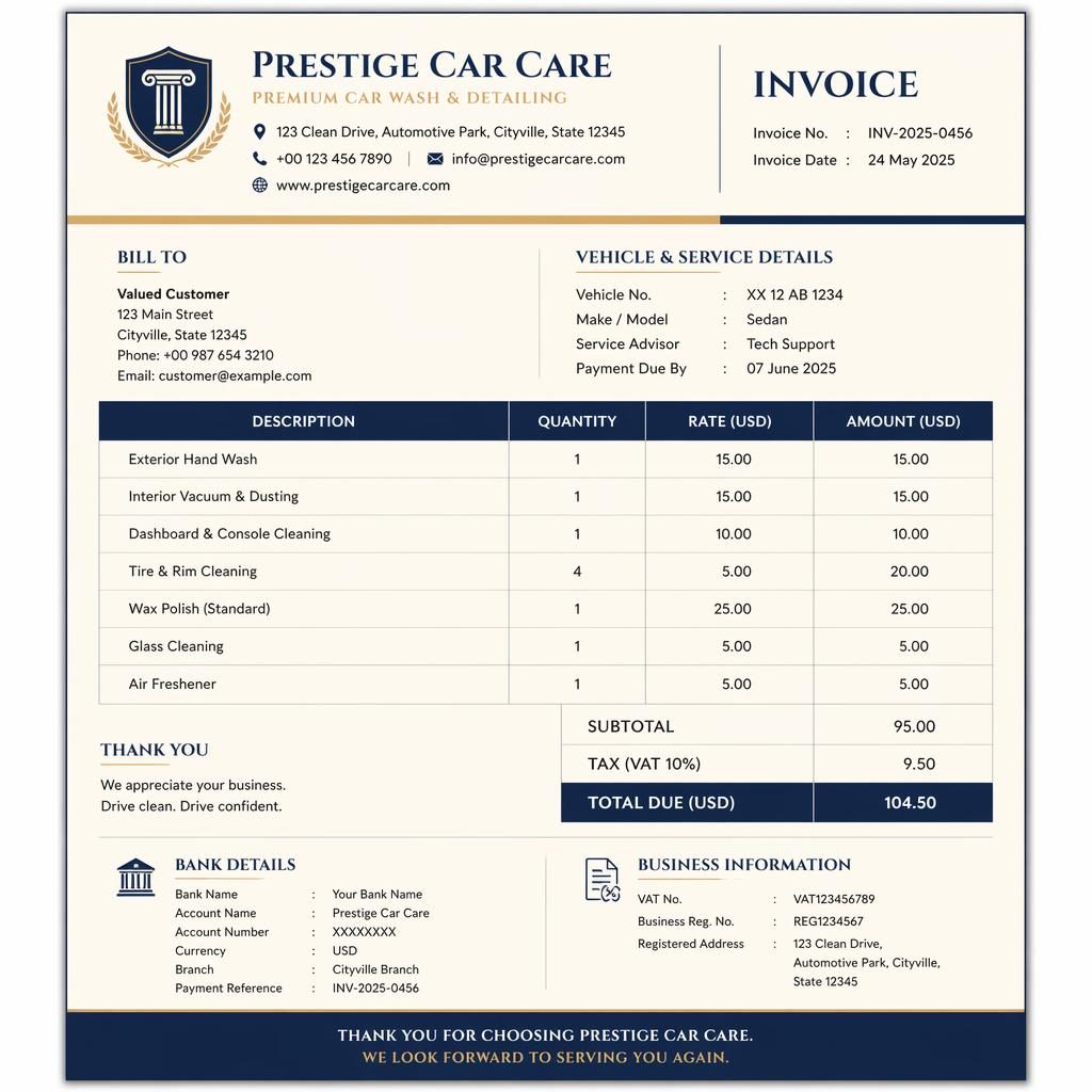 A4 portrait invoice template in navy and cream with header, itemized table, totals, and placeholder bank details.