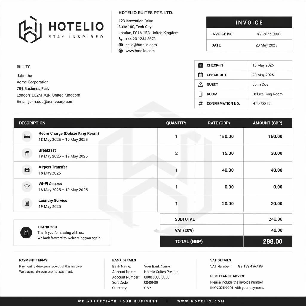 Monochrome A4 hotel invoice template with header, itemized table, totals, bank detail placeholders, and VAT field.