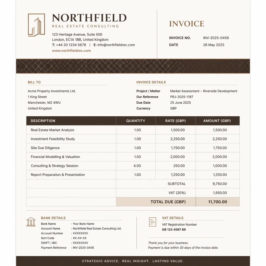 A4 portrait real estate invoice template with classic header, itemized table, totals, bank placeholders, and earth-tone accents
