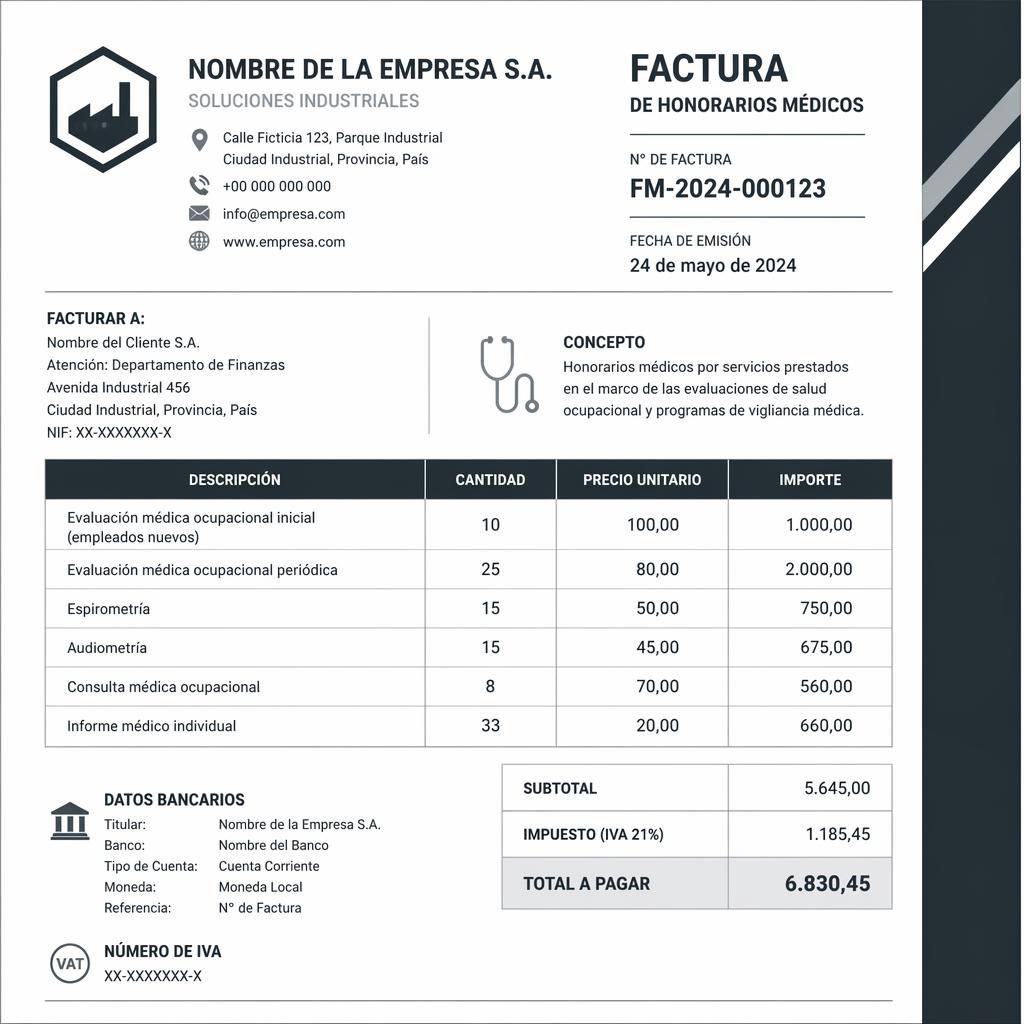 Plantilla de factura A4 vertical industrial en monocromo con tabla, encabezado, totales y datos bancarios de ejemplo.