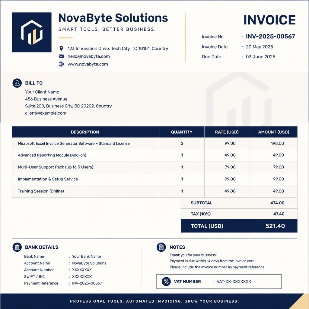 A4 portrait invoice template design with navy and cream grid layout, header, item table, totals, and bank detail placeholders.