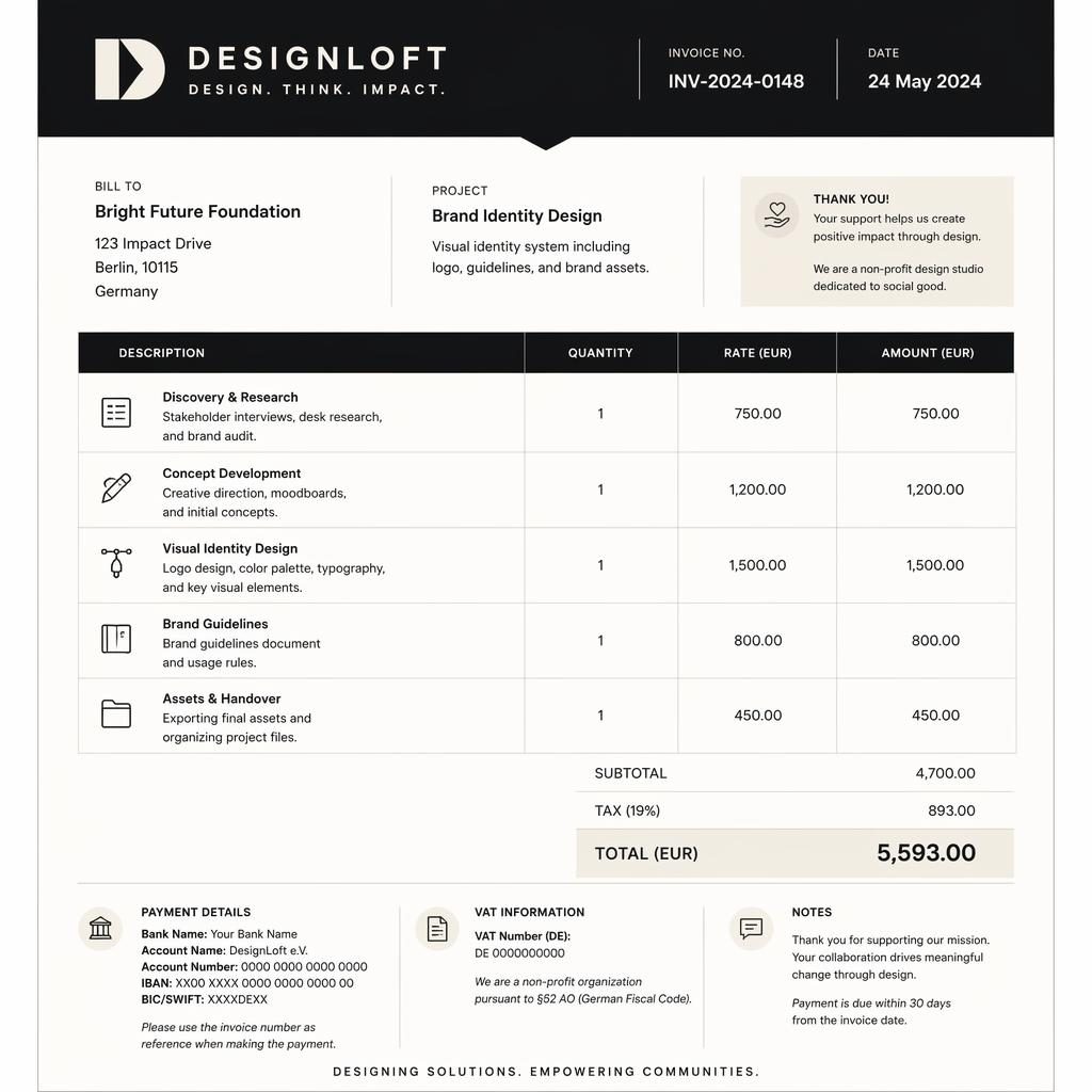 A4 portrait invoice template with black and warm white palette, header bar, itemized table, totals, and bank detail placeholders.