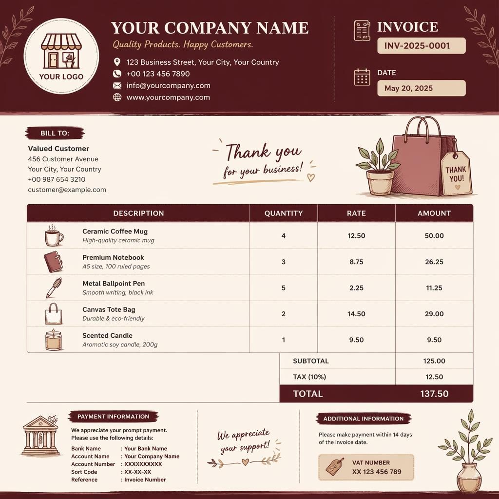 A4 portrait invoice template with warm burgundy header, item table, totals section, and placeholder bank details.