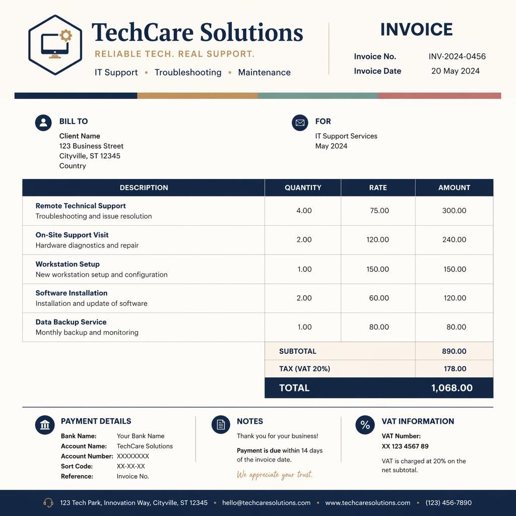 A4 portrait invoice template in navy and cream with header, itemized table, totals, and placeholder bank details.
