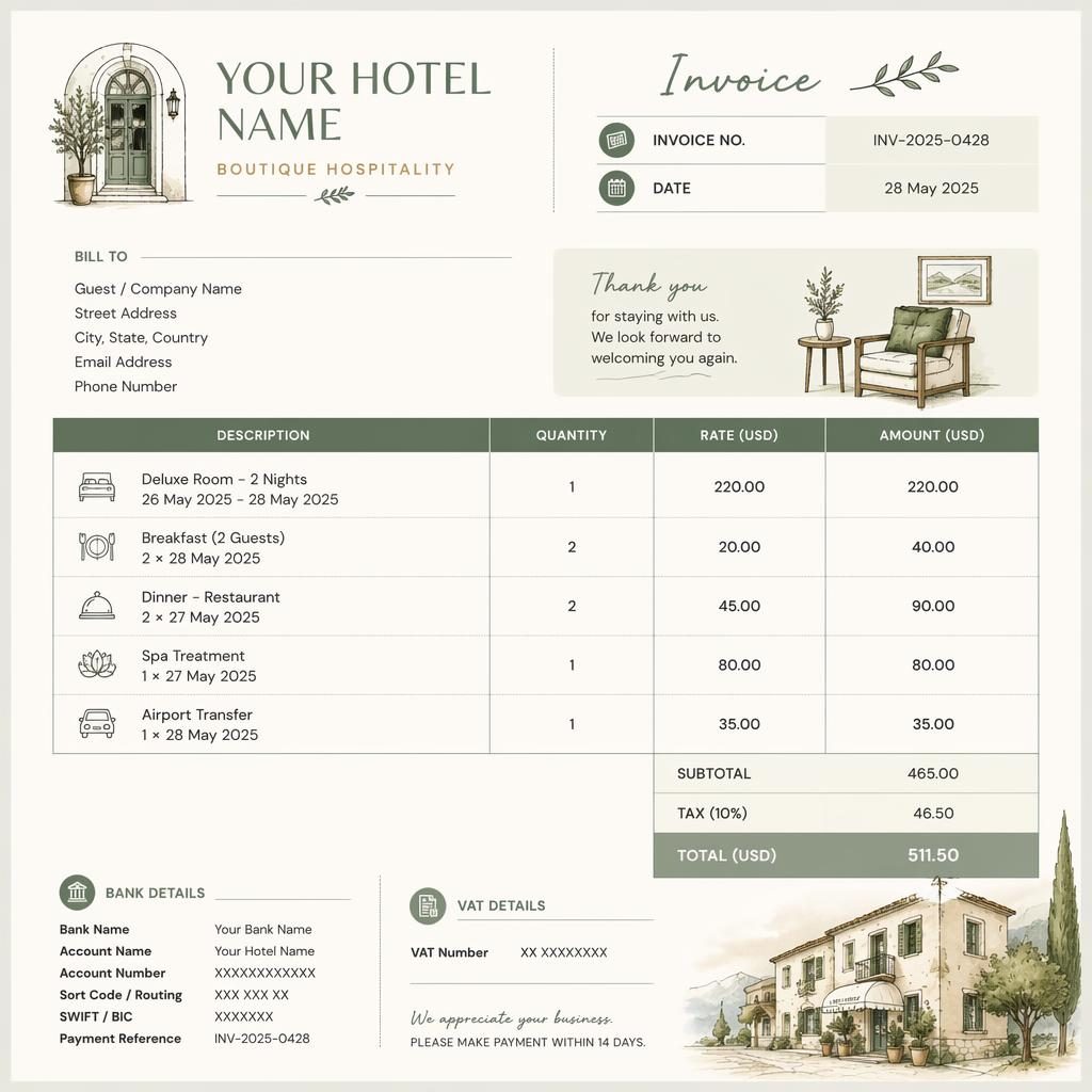 A4 portrait hospitality invoice template in sage and ivory with header, itemized table, totals, and bank placeholders.