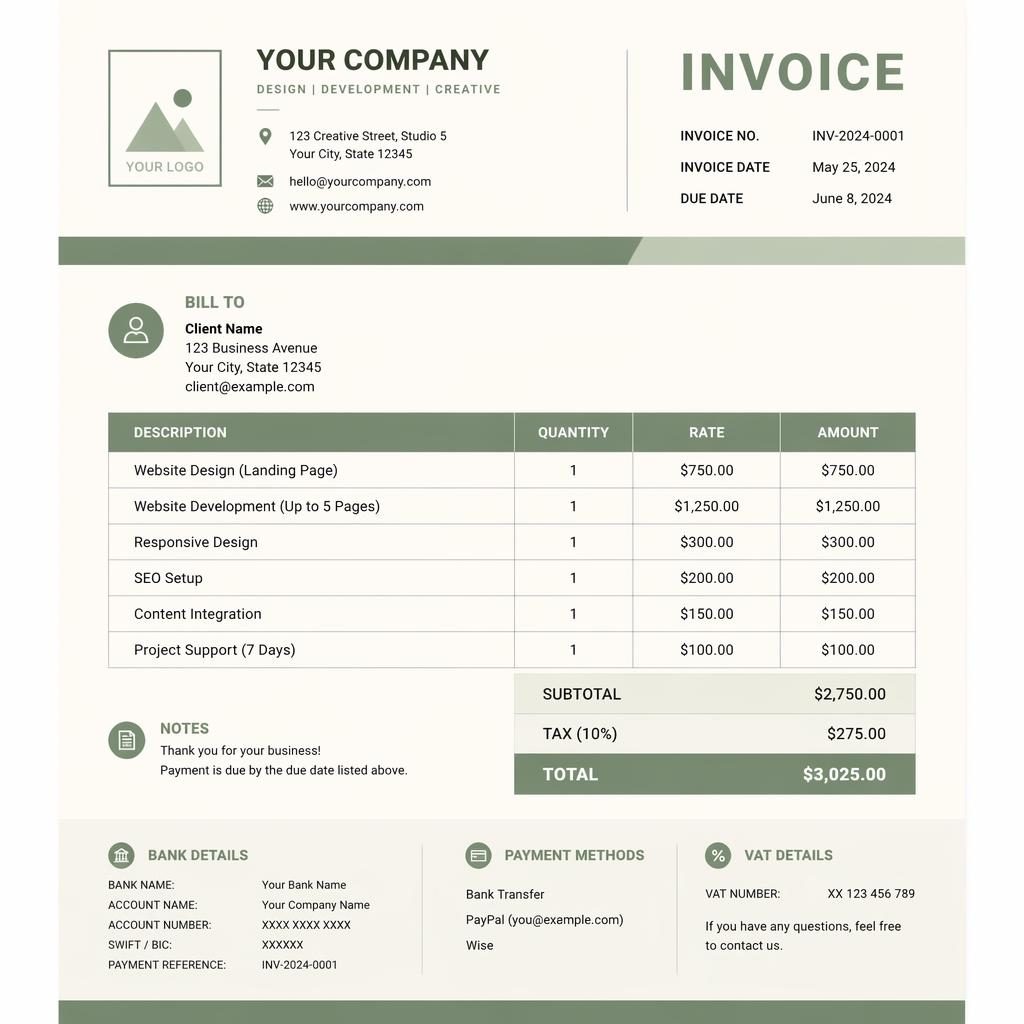 Modern A4 invoice template in sage and ivory with header, itemized table, totals, and placeholder bank details.