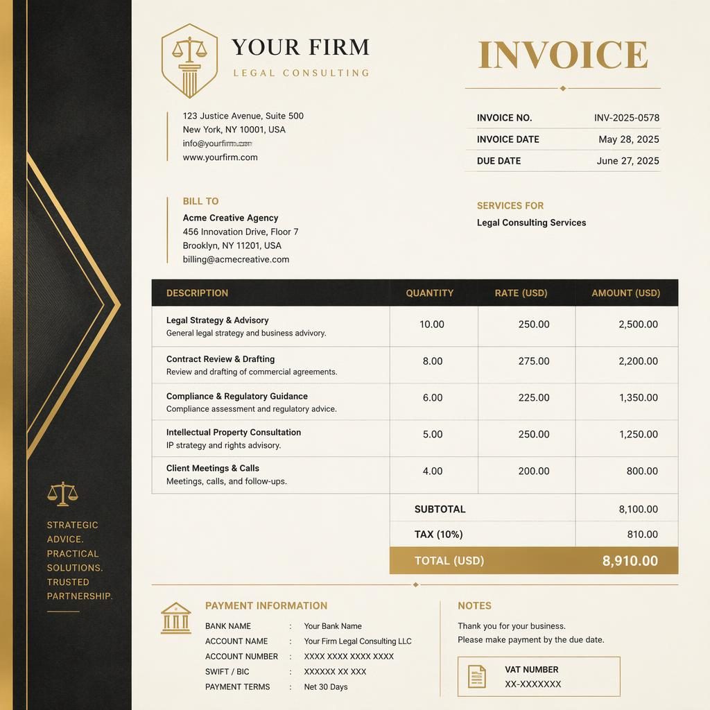 A4 portrait legal consulting invoice template with gold and cream palette, side stripe, item table, totals, and bank placeholders.