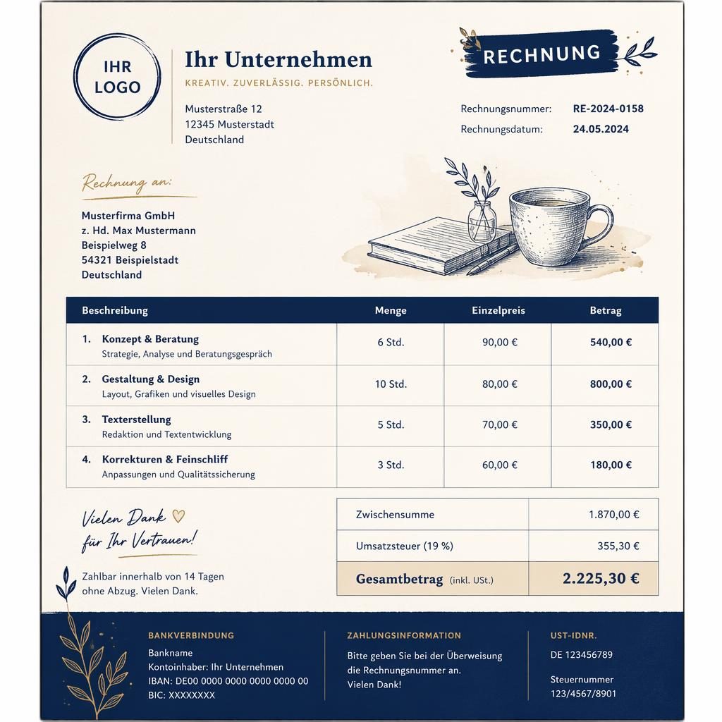 A4-Rechnungsvorlage in Navy und Creme mit illustriertem Header, Tabelle, Summenbereich und Platzhaltern für Bankdaten.