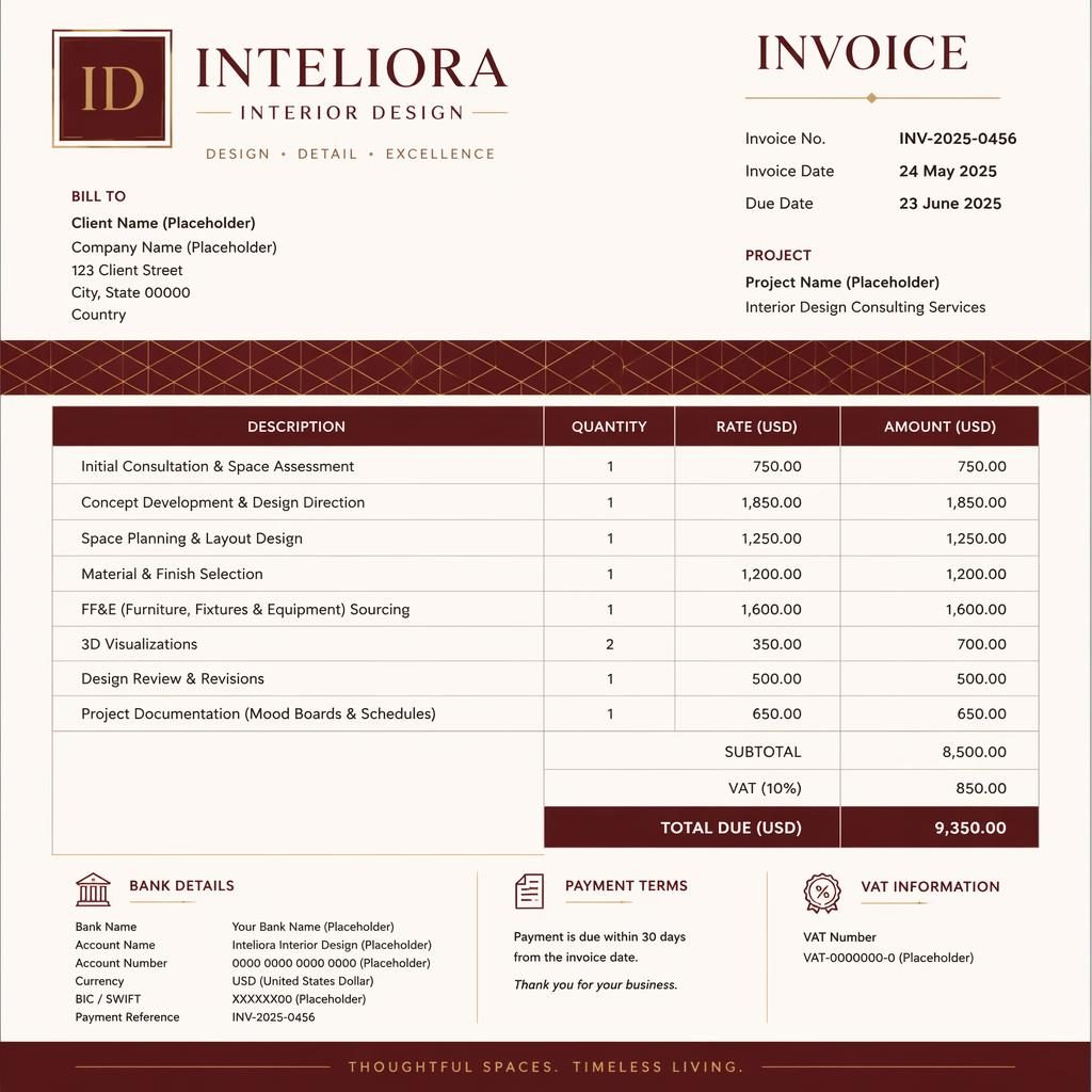 A4 portrait invoice template in warm burgundy with classic header, itemized billing table, totals section, and bank placeholders