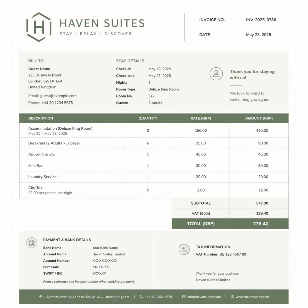 A4 portrait hotel invoice template in sage and ivory with header, itemized table, totals, and placeholder bank details.