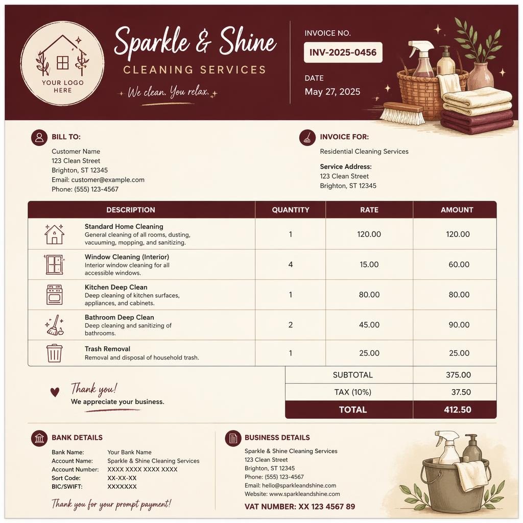 A4 portrait cleaning company invoice template with warm burgundy header, itemized table, totals section, and bank placeholders.