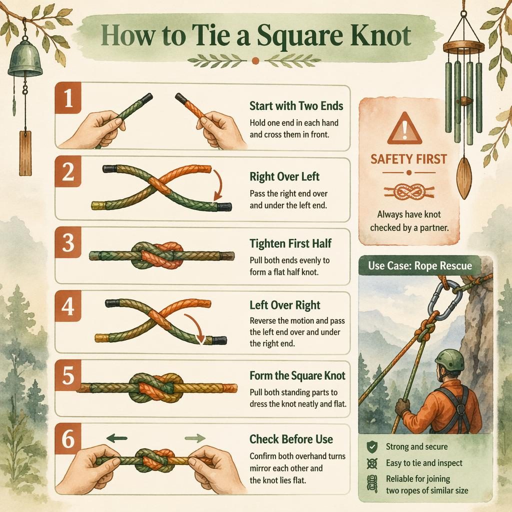 6-step square knot infographic with rope diagrams, safety warning, rope rescue panel, and sage rust watercolor style