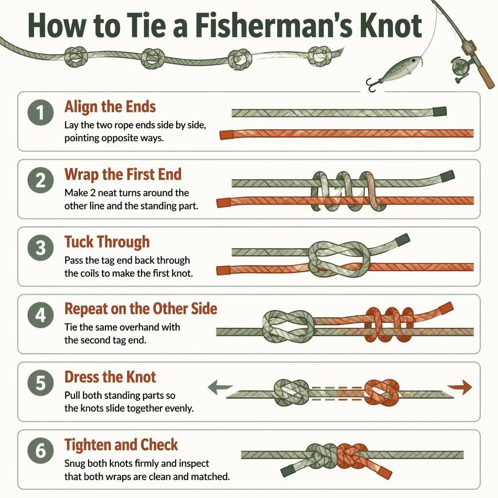 Vertical 6-step infographic showing how to tie a fisherman's knot with contrasting rope ends in a sage and rust flat style.