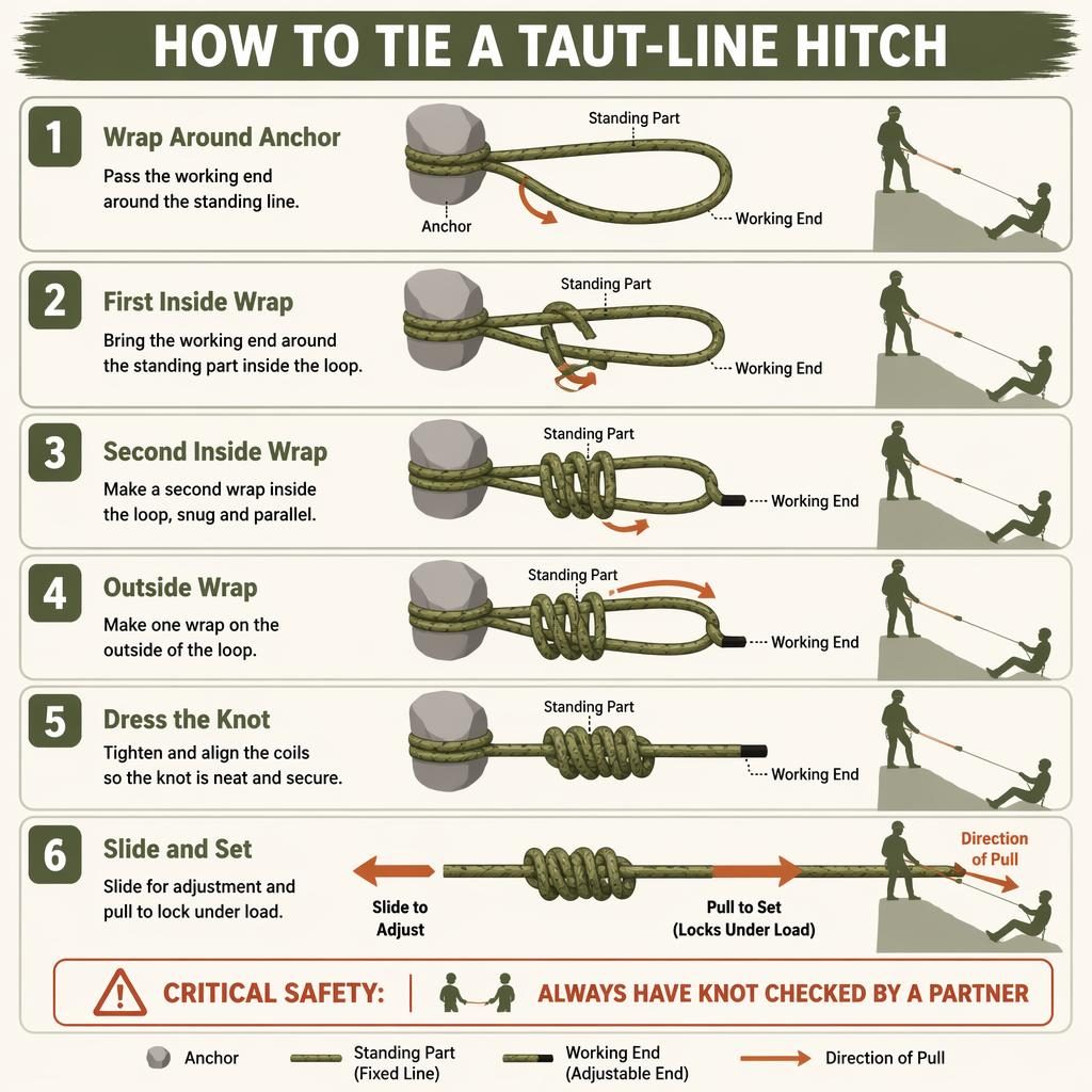 Svislá infografika s 6 kroky vázání taut-line hitch, šipkami, popisky, kotvou a bezpečnostním upozorněním.